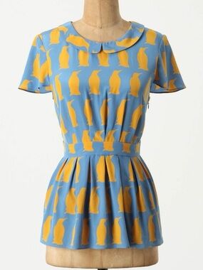 Anthropologie "Adelie Blouse" by Charlotte Taylor 100% Silk Size 4 Penguins